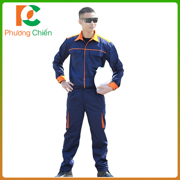 Quần áo bảo hộ lao động công nhân kỹ thuật- Xanh phối cổ cam sáng